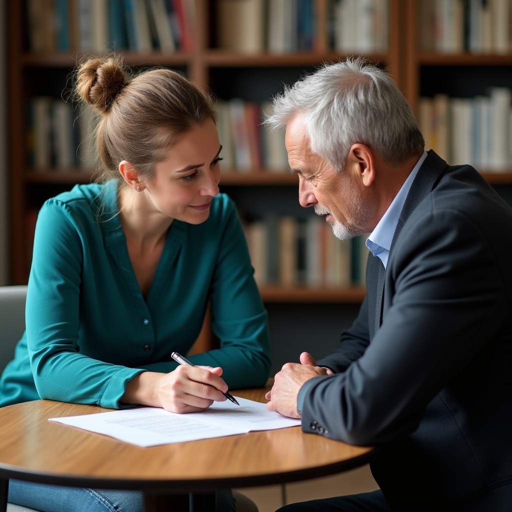 One-on-one educational session between trainer and participant reviewing documents