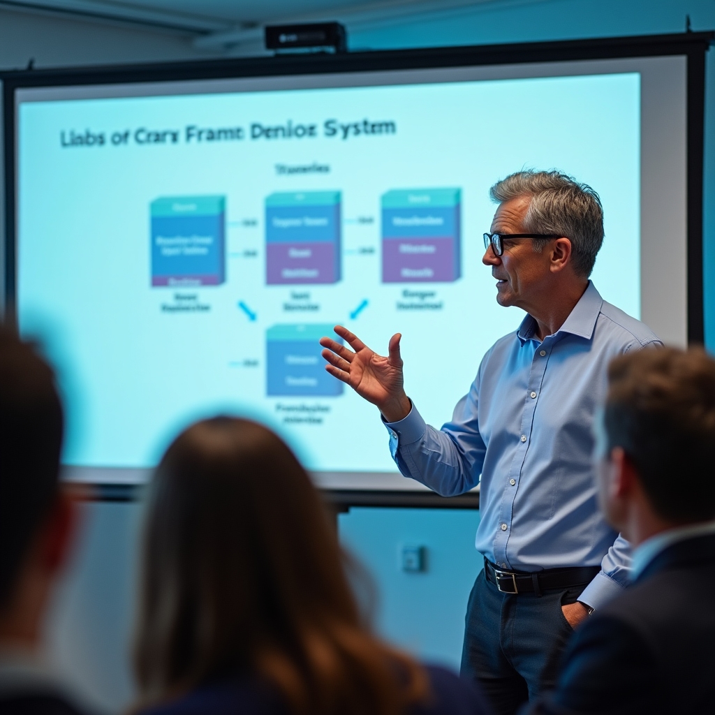 Professional learning session with presenter explaining pension scheme diagram
