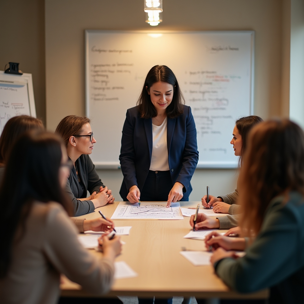 Group workshop on French retirement system with participants around a table
